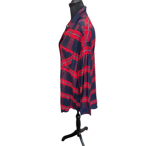 NWT Staccato Red Navy Plaid Boy Friend Long Shirt Top Button-Up Shirt M Academic - Picture 5 of 10